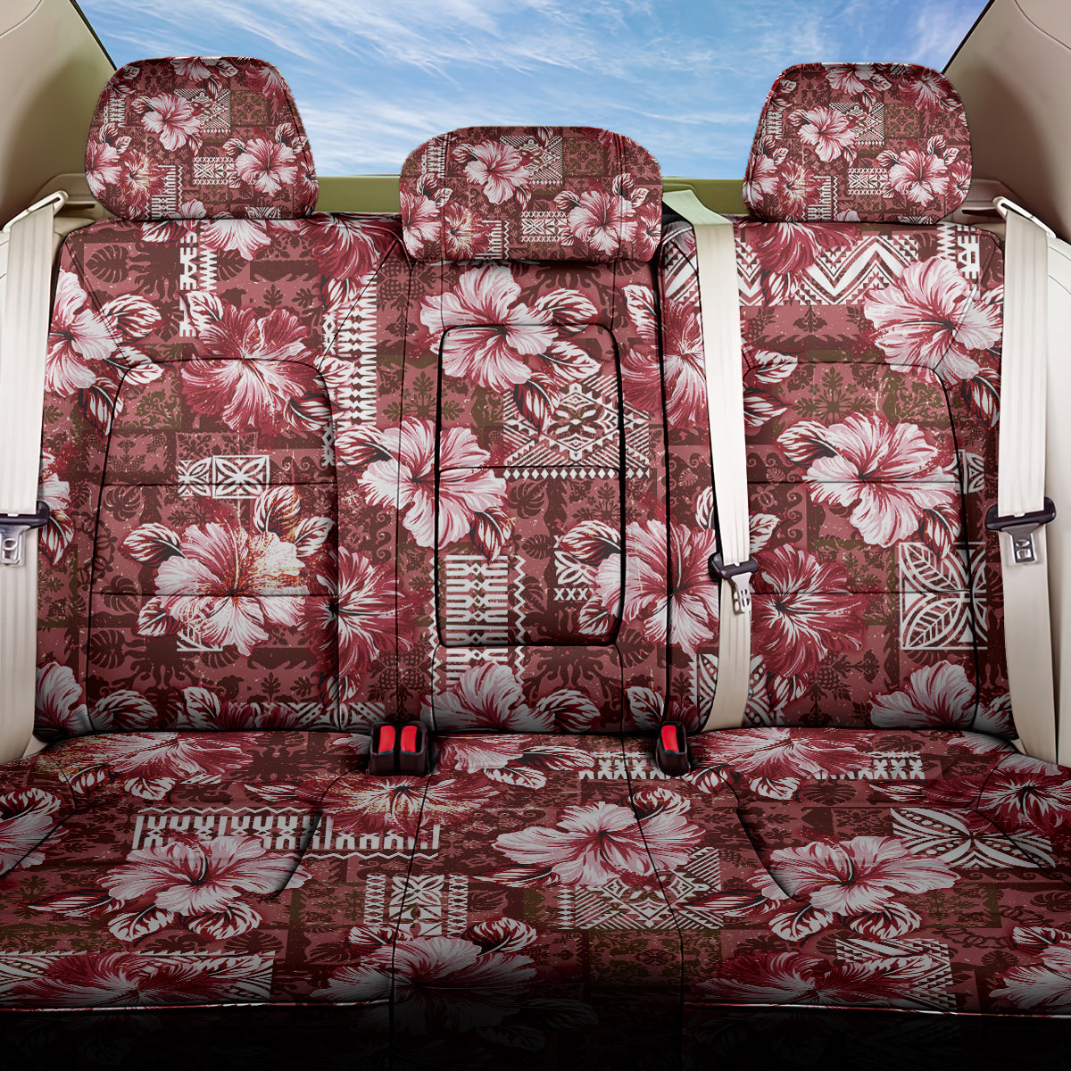 Hawaiian Quilt Pattern Back Car Seat Cover Hibiscus and Tribal Element Vintage Red Vibe LT03