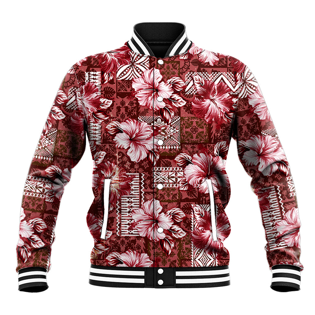 Hawaiian Quilt Pattern Baseball Jacket Hibiscus and Tribal Element Vintage Red Vibe LT03 Unisex Red - Polynesian Pride