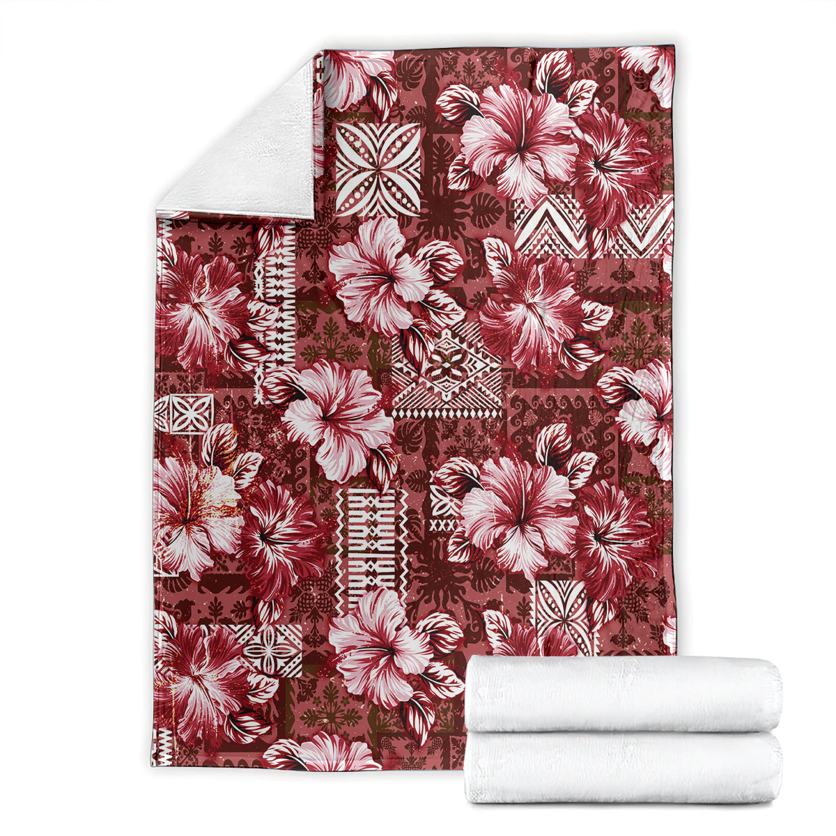Hawaiian Quilt Pattern Blanket Hibiscus and Tribal Element Vintage Red Vibe LT03 - Polynesian Pride