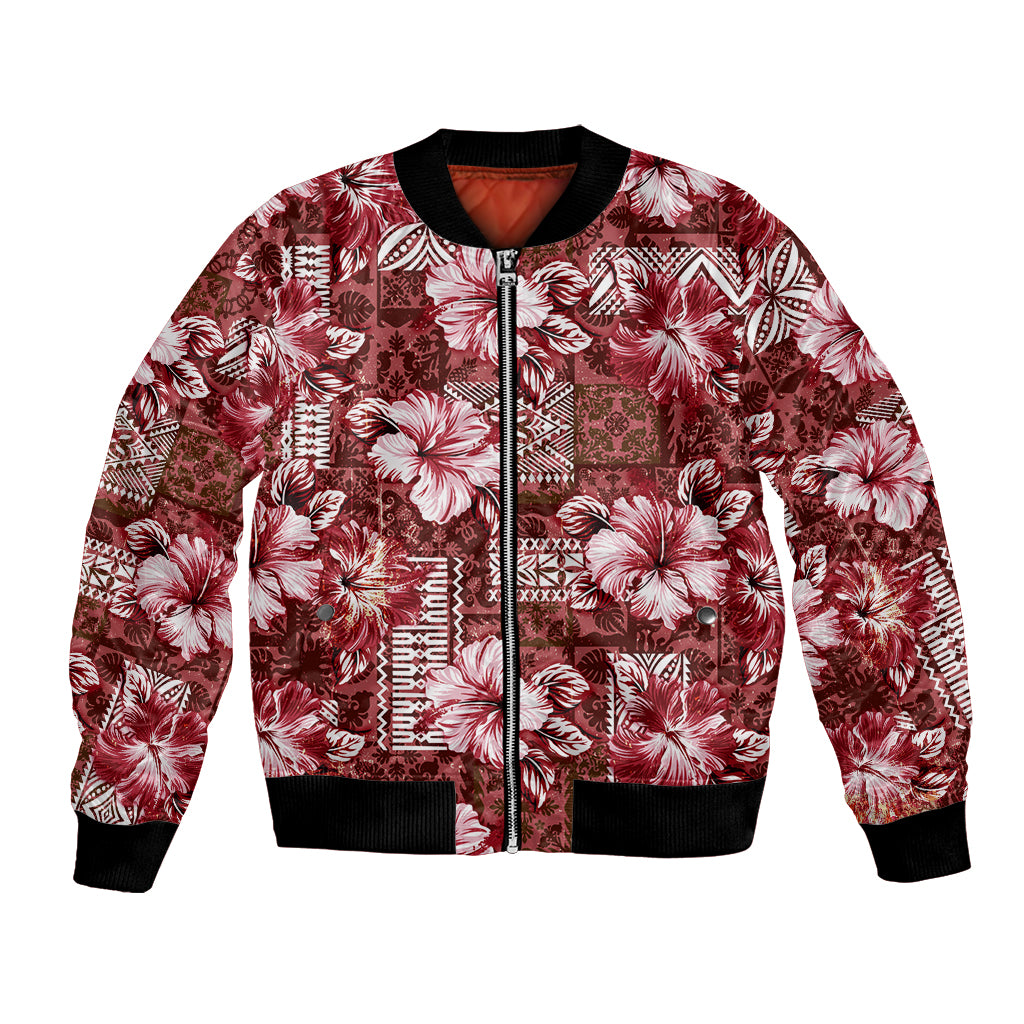 Hawaiian Quilt Pattern Bomber Jacket Hibiscus and Tribal Element Vintage Red Vibe LT03 Unisex Red - Polynesian Pride