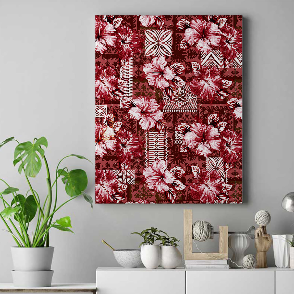 Hawaiian Quilt Pattern Canvas Wall Art Hibiscus and Tribal Element Vintage Red Vibe LT03 Red - Polynesian Pride