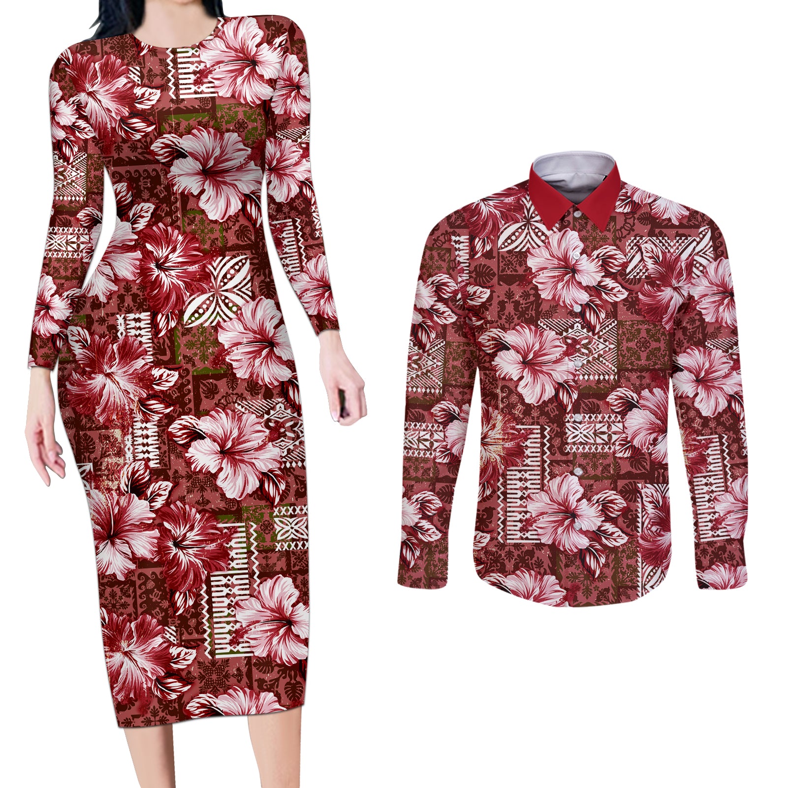 Hawaiian Quilt Pattern Couples Matching Long Sleeve Bodycon Dress and Long Sleeve Button Shirt Hibiscus and Tribal Element Vintage Red Vibe LT03 Red - Polynesian Pride