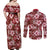 Hawaiian Quilt Pattern Couples Matching Off Shoulder Maxi Dress and Long Sleeve Button Shirt Hibiscus and Tribal Element Vintage Red Vibe LT03 - Polynesian Pride