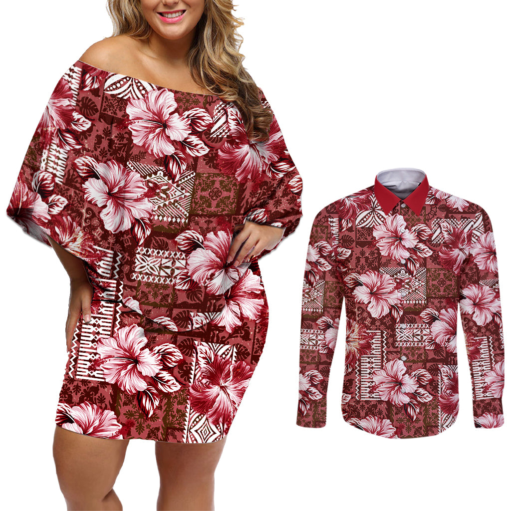 Hawaiian Quilt Pattern Couples Matching Off Shoulder Short Dress and Long Sleeve Button Shirt Hibiscus and Tribal Element Vintage Red Vibe LT03 Red - Polynesian Pride