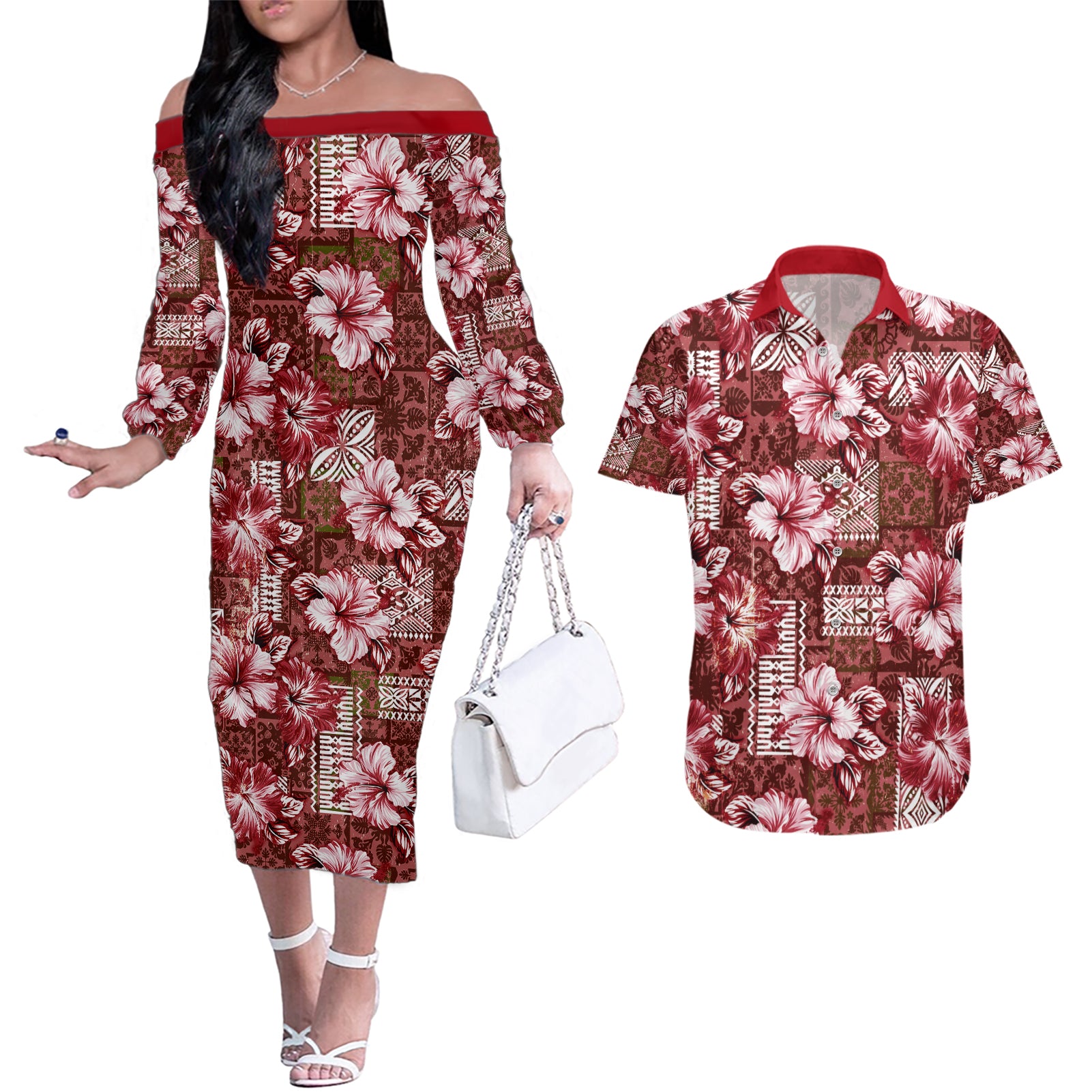 Hawaiian Quilt Pattern Couples Matching Off The Shoulder Long Sleeve Dress and Hawaiian Shirt Hibiscus and Tribal Element Vintage Red Vibe LT03 Red - Polynesian Pride