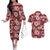 Hawaiian Quilt Pattern Couples Matching Off The Shoulder Long Sleeve Dress and Hawaiian Shirt Hibiscus and Tribal Element Vintage Red Vibe LT03 Red - Polynesian Pride