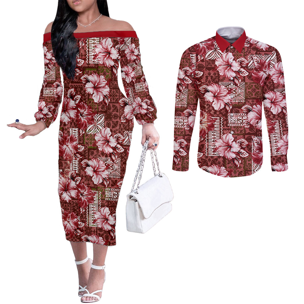 Hawaiian Quilt Pattern Couples Matching Off The Shoulder Long Sleeve Dress and Long Sleeve Button Shirt Hibiscus and Tribal Element Vintage Red Vibe LT03 Red - Polynesian Pride