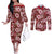 Hawaiian Quilt Pattern Couples Matching Off The Shoulder Long Sleeve Dress and Long Sleeve Button Shirt Hibiscus and Tribal Element Vintage Red Vibe LT03 Red - Polynesian Pride