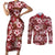 Hawaiian Quilt Pattern Couples Matching Short Sleeve Bodycon Dress and Long Sleeve Button Shirt Hibiscus and Tribal Element Vintage Red Vibe LT03 Red - Polynesian Pride