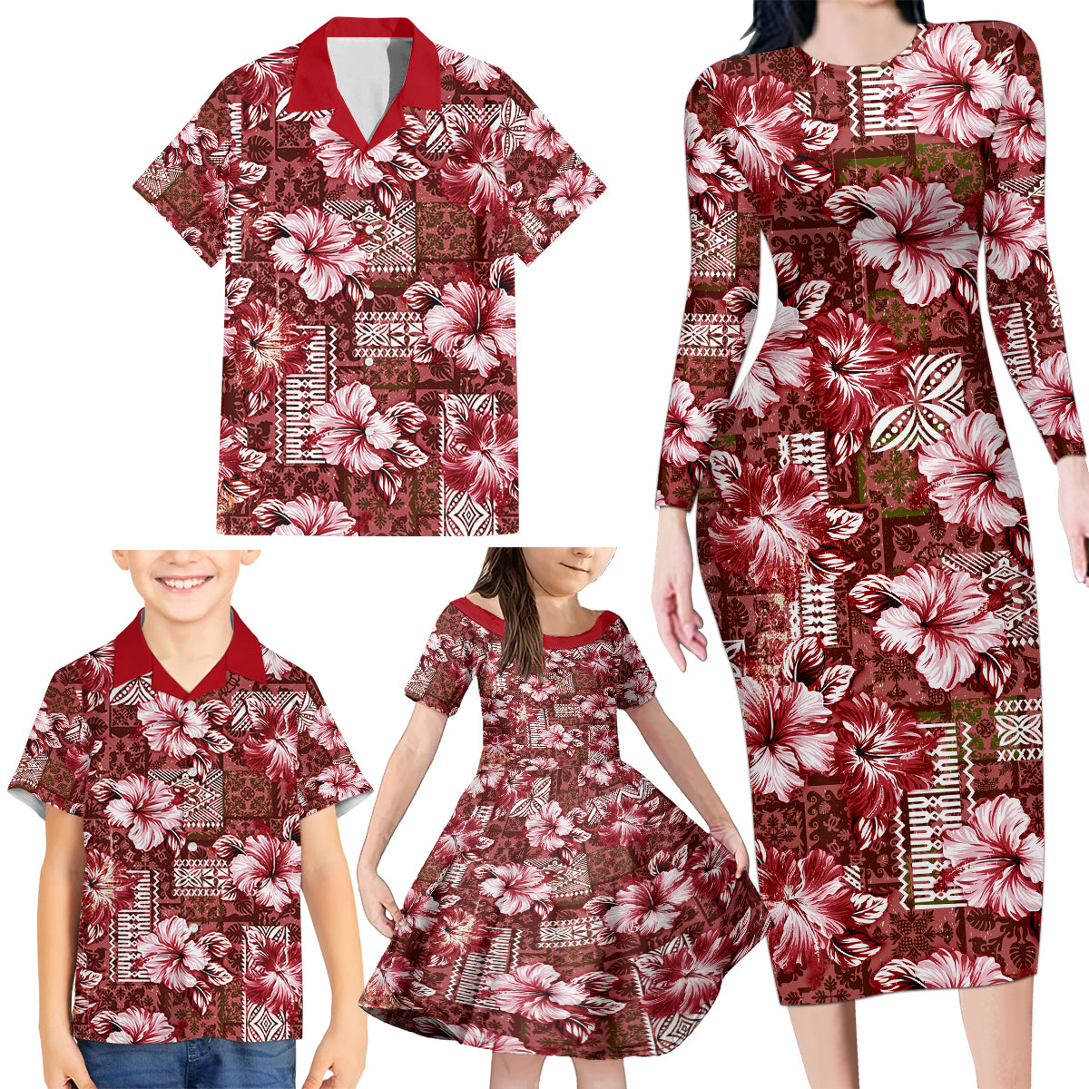 Hawaiian Quilt Pattern Family Matching Long Sleeve Bodycon Dress and Hawaiian Shirt Hibiscus and Tribal Element Vintage Red Vibe LT03 - Polynesian Pride