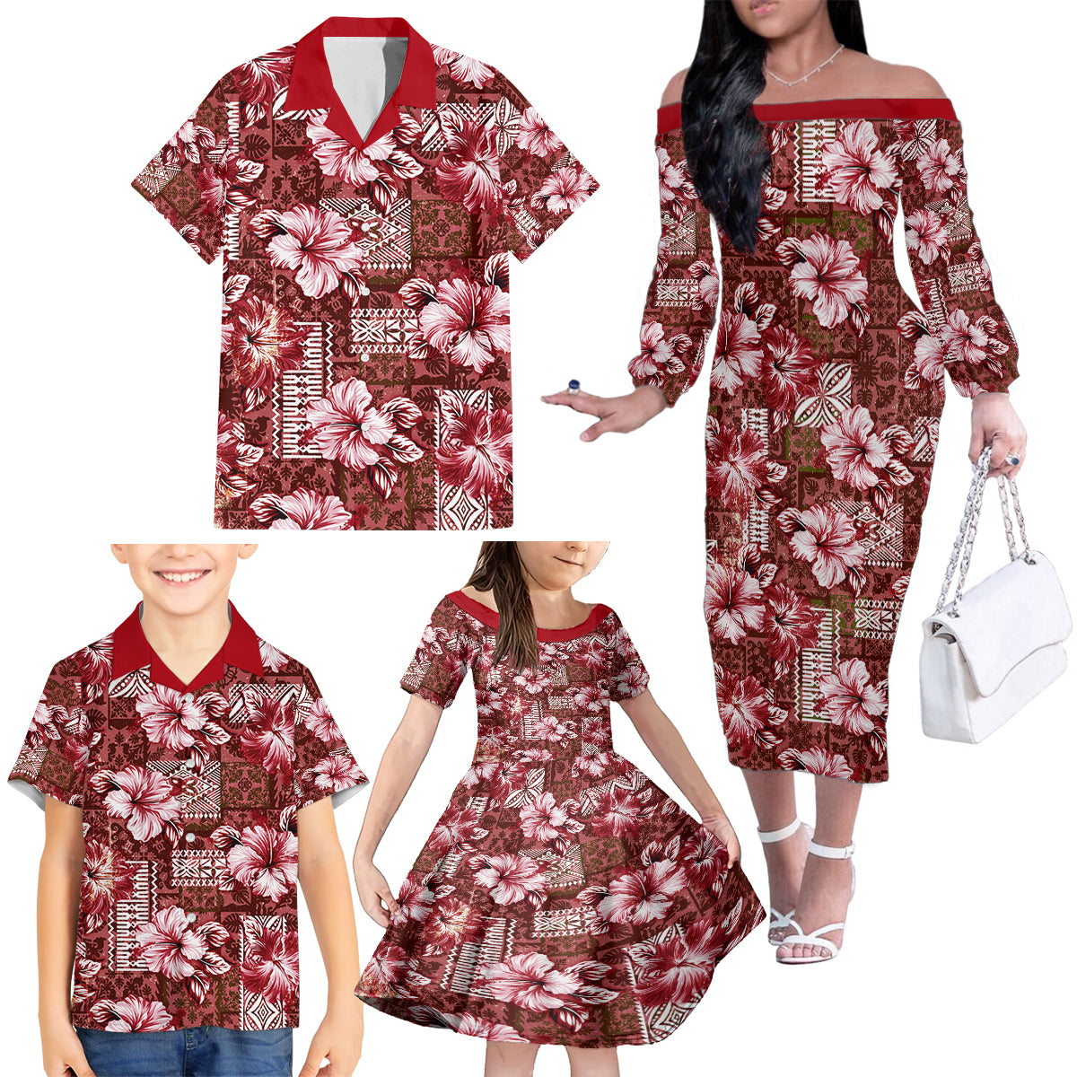 Hawaiian Quilt Pattern Family Matching Off Shoulder Long Sleeve Dress and Hawaiian Shirt Hibiscus and Tribal Element Vintage Red Vibe LT03 - Polynesian Pride