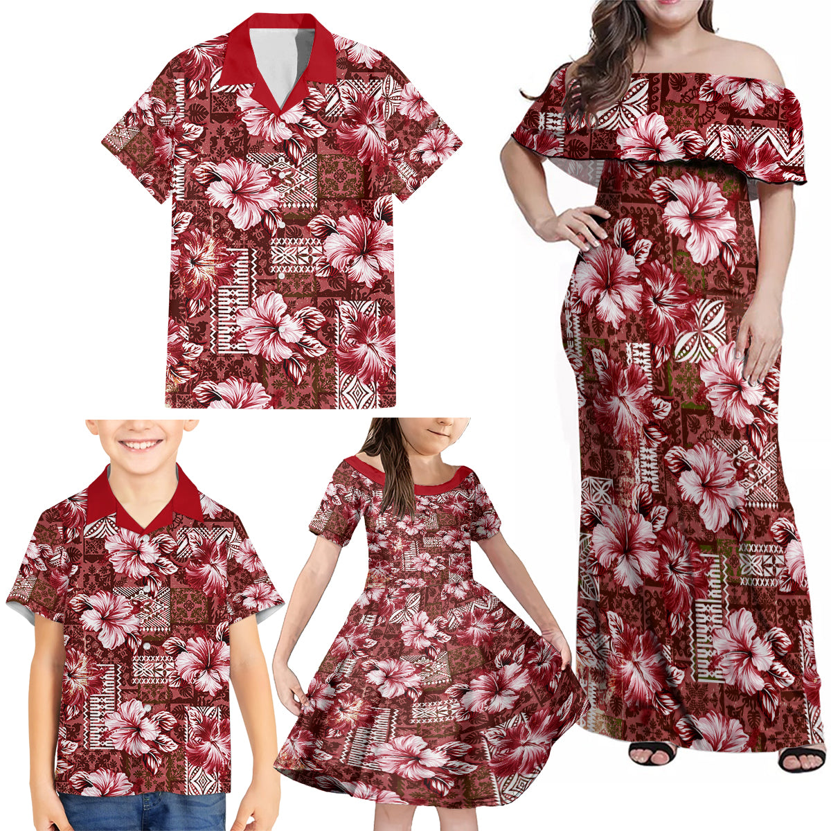 Hawaiian Quilt Pattern Family Matching Off Shoulder Maxi Dress and Hawaiian Shirt Hibiscus and Tribal Element Vintage Red Vibe LT03 - Polynesian Pride