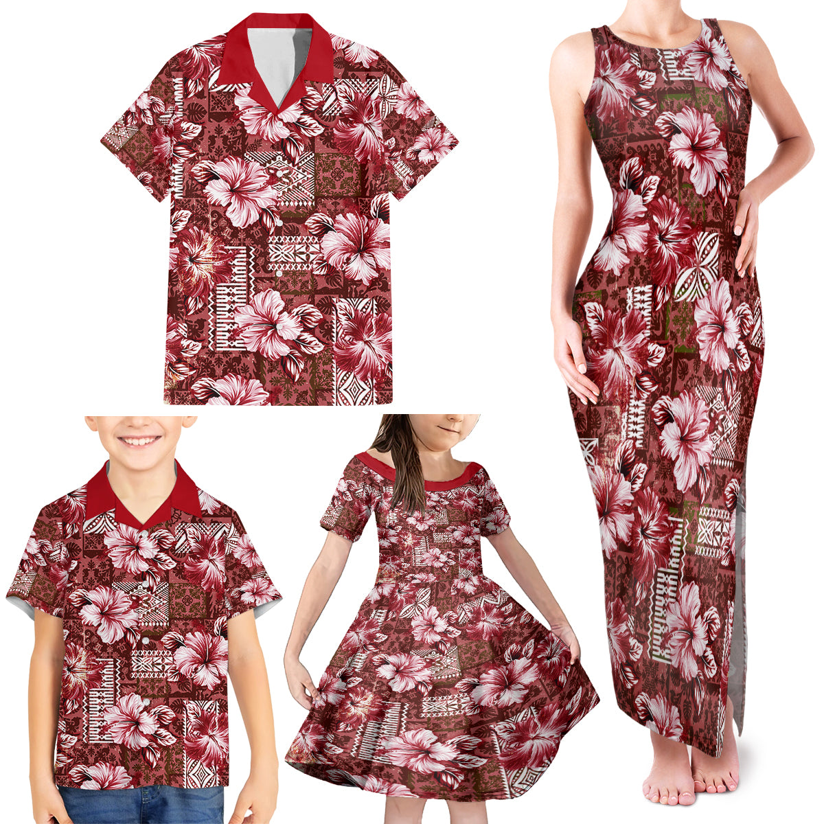 Hawaiian Quilt Pattern Family Matching Tank Maxi Dress and Hawaiian Shirt Hibiscus and Tribal Element Vintage Red Vibe LT03 - Polynesian Pride