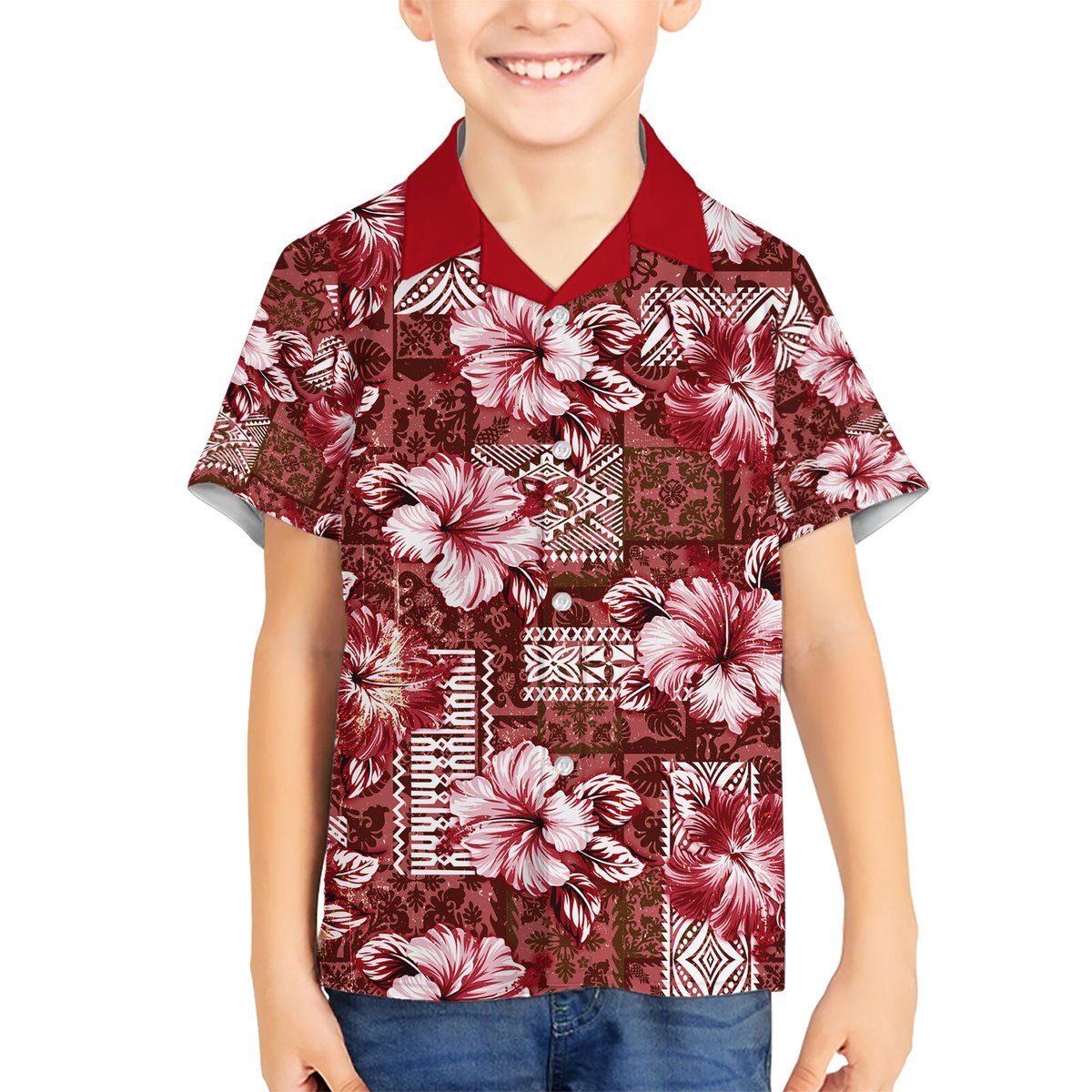 Hawaiian Quilt Pattern Hawaiian Shirt Hibiscus and Tribal Element Vintage Red Vibe LT03 - Polynesian Pride