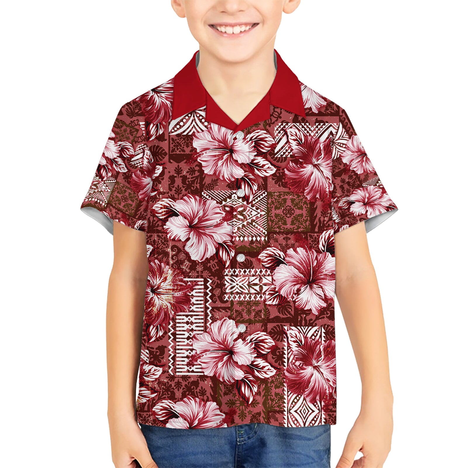 Hawaiian Quilt Pattern Kid Hawaiian Shirt Hibiscus and Tribal Element Vintage Red Vibe LT03 Kid Red - Polynesian Pride