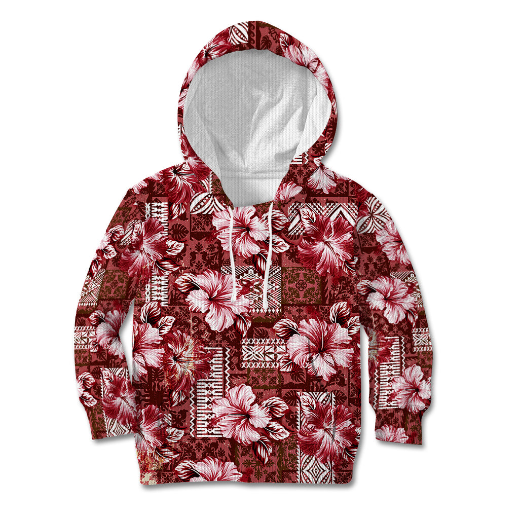 Hawaiian Quilt Pattern Kid Hoodie Hibiscus and Tribal Element Vintage Red Vibe LT03 Hoodie Red - Polynesian Pride