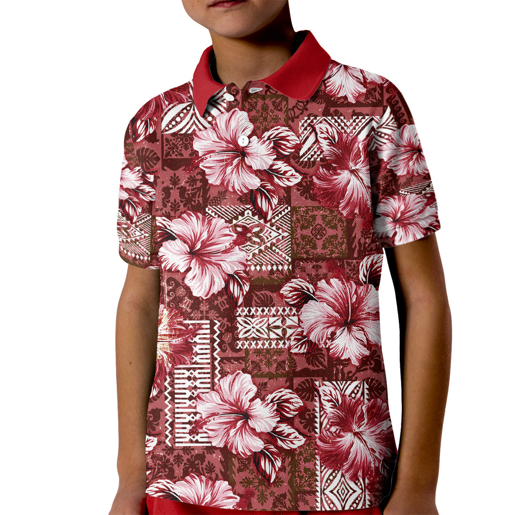 Hawaiian Quilt Pattern Kid Polo Shirt Hibiscus and Tribal Element Vintage Red Vibe LT03 Kid Red - Polynesian Pride