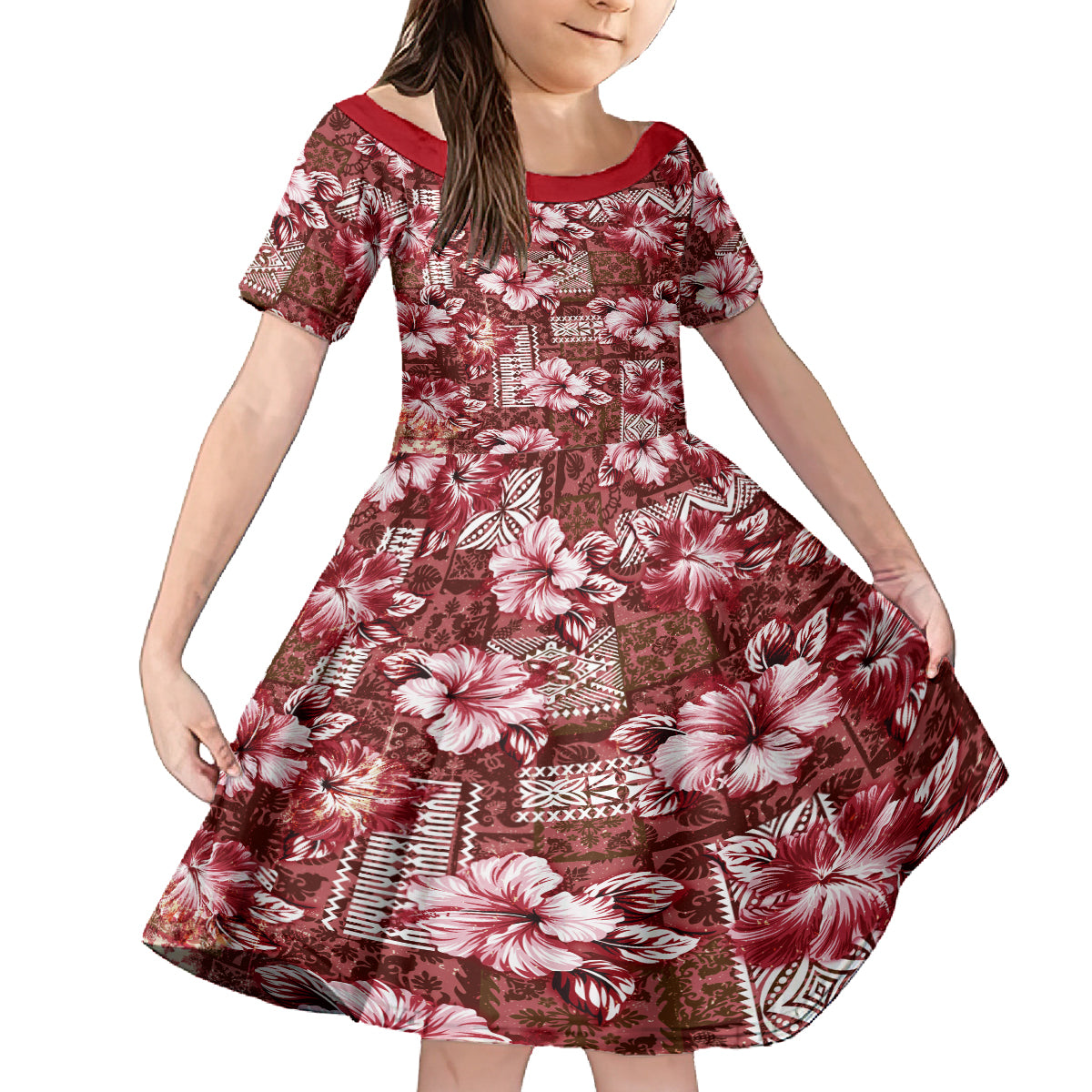 Hawaiian Quilt Pattern Kid Short Sleeve Dress Hibiscus and Tribal Element Vintage Red Vibe LT03 KID Red - Polynesian Pride