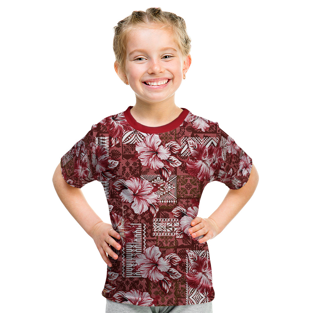 Hawaiian Quilt Pattern Kid T Shirt Hibiscus and Tribal Element Vintage Red Vibe LT03 Red - Polynesian Pride