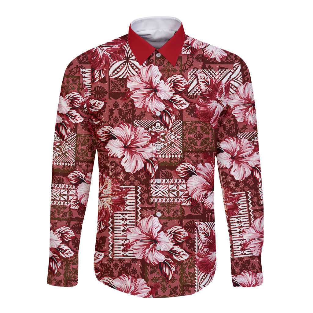 Hawaiian Quilt Pattern Long Sleeve Button Shirt Hibiscus and Tribal Element Vintage Red Vibe LT03 Unisex Red - Polynesian Pride