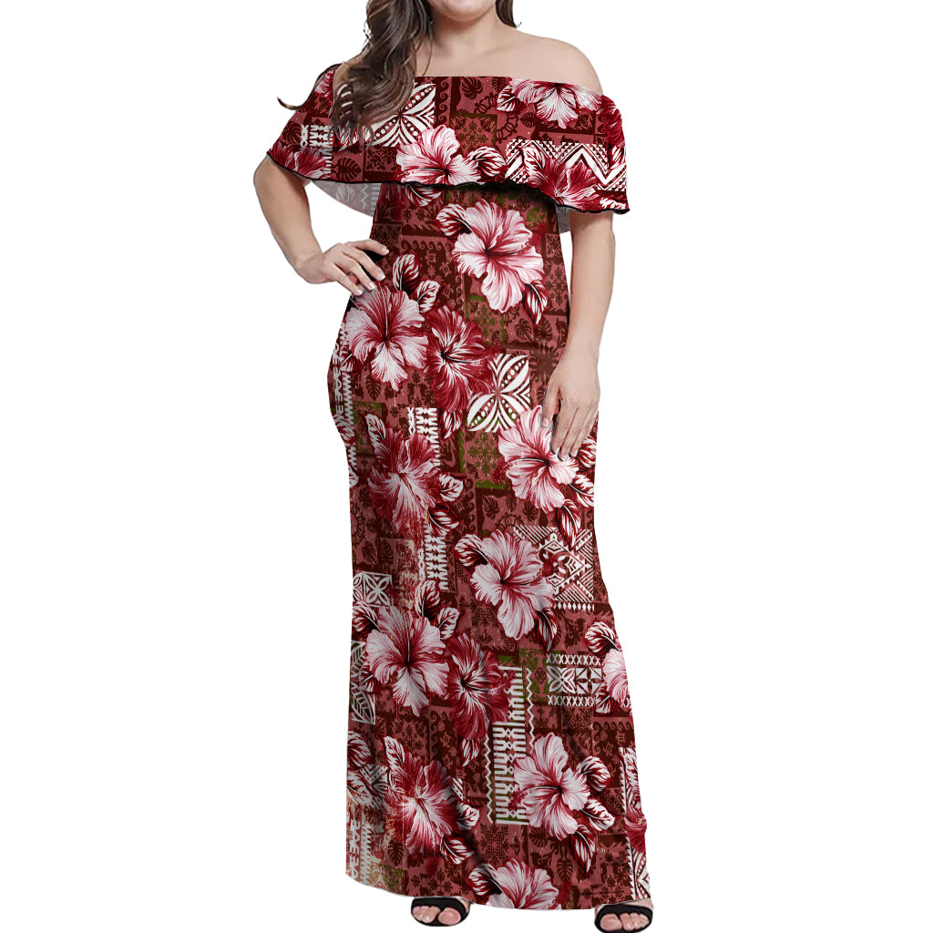 Hawaiian Quilt Pattern Off Shoulder Maxi Dress Hibiscus and Tribal Element Vintage Red Vibe LT03 Women Red - Polynesian Pride