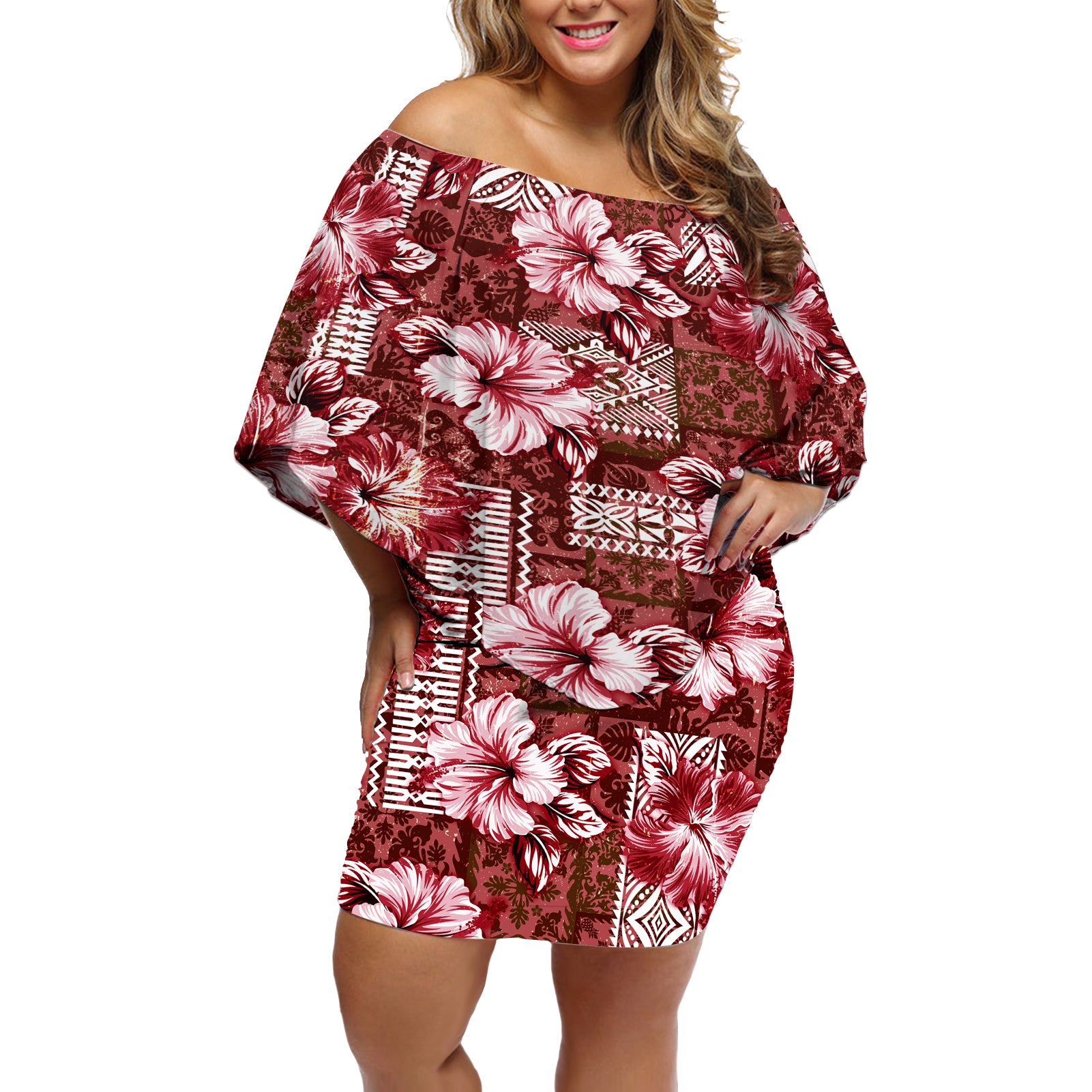 Hawaiian Quilt Pattern Off Shoulder Short Dress Hibiscus and Tribal Element Vintage Red Vibe LT03 Women Red - Polynesian Pride