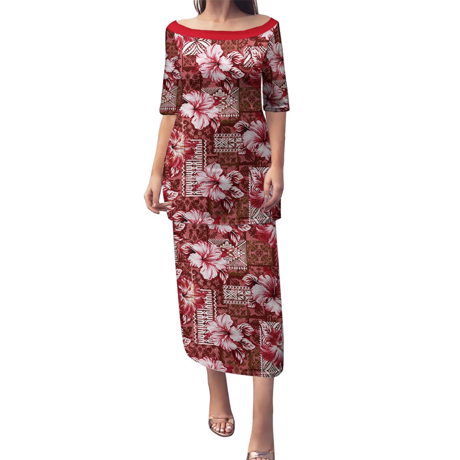 Hawaiian Quilt Pattern Puletasi Hibiscus and Tribal Element Vintage Red Vibe LT03 Long Dress Red - Polynesian Pride