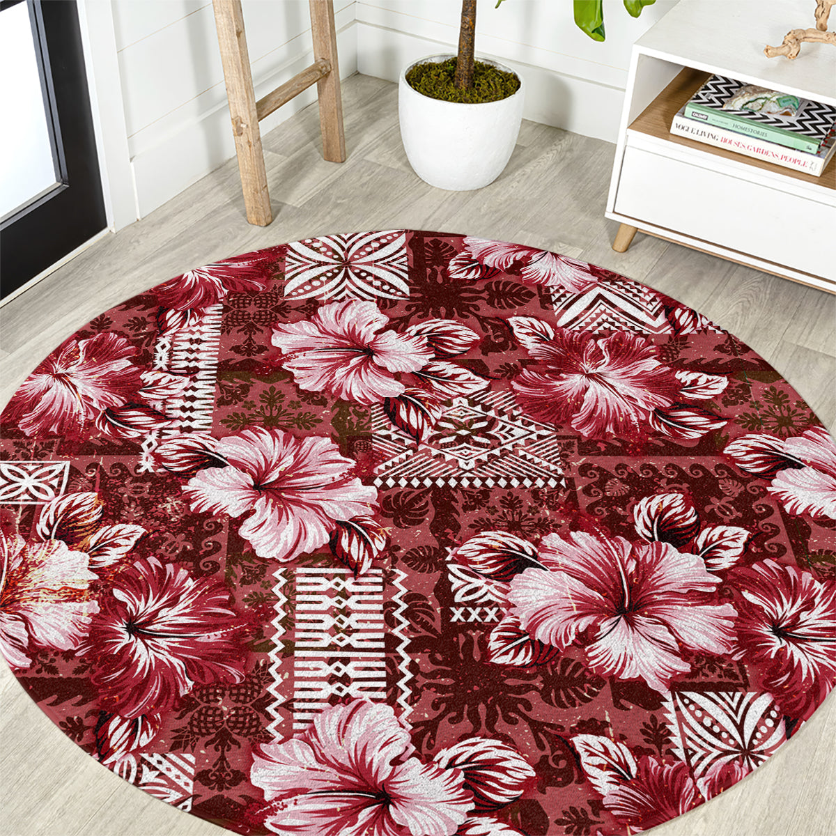 Hawaiian Quilt Pattern Round Carpet Hibiscus and Tribal Element Vintage Red Vibe LT03 Red - Polynesian Pride