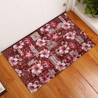 Hawaiian Quilt Pattern Rubber Doormat Hibiscus and Tribal Element Vintage Red Vibe LT03 Red - Polynesian Pride