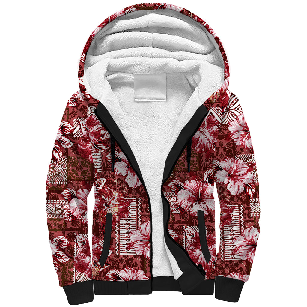 Hawaiian Quilt Pattern Sherpa Hoodie Hibiscus and Tribal Element Vintage Red Vibe LT03 Unisex Red - Polynesian Pride