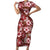 Hawaiian Quilt Pattern Short Sleeve Bodycon Dress Hibiscus and Tribal Element Vintage Red Vibe LT03 Long Dress Red - Polynesian Pride