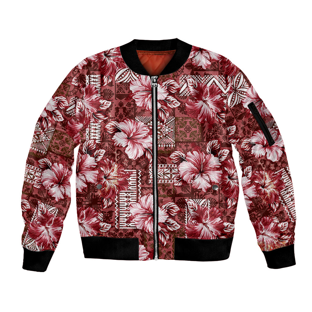 Hawaiian Quilt Pattern Sleeve Zip Bomber Jacket Hibiscus and Tribal Element Vintage Red Vibe LT03 Unisex Red - Polynesian Pride