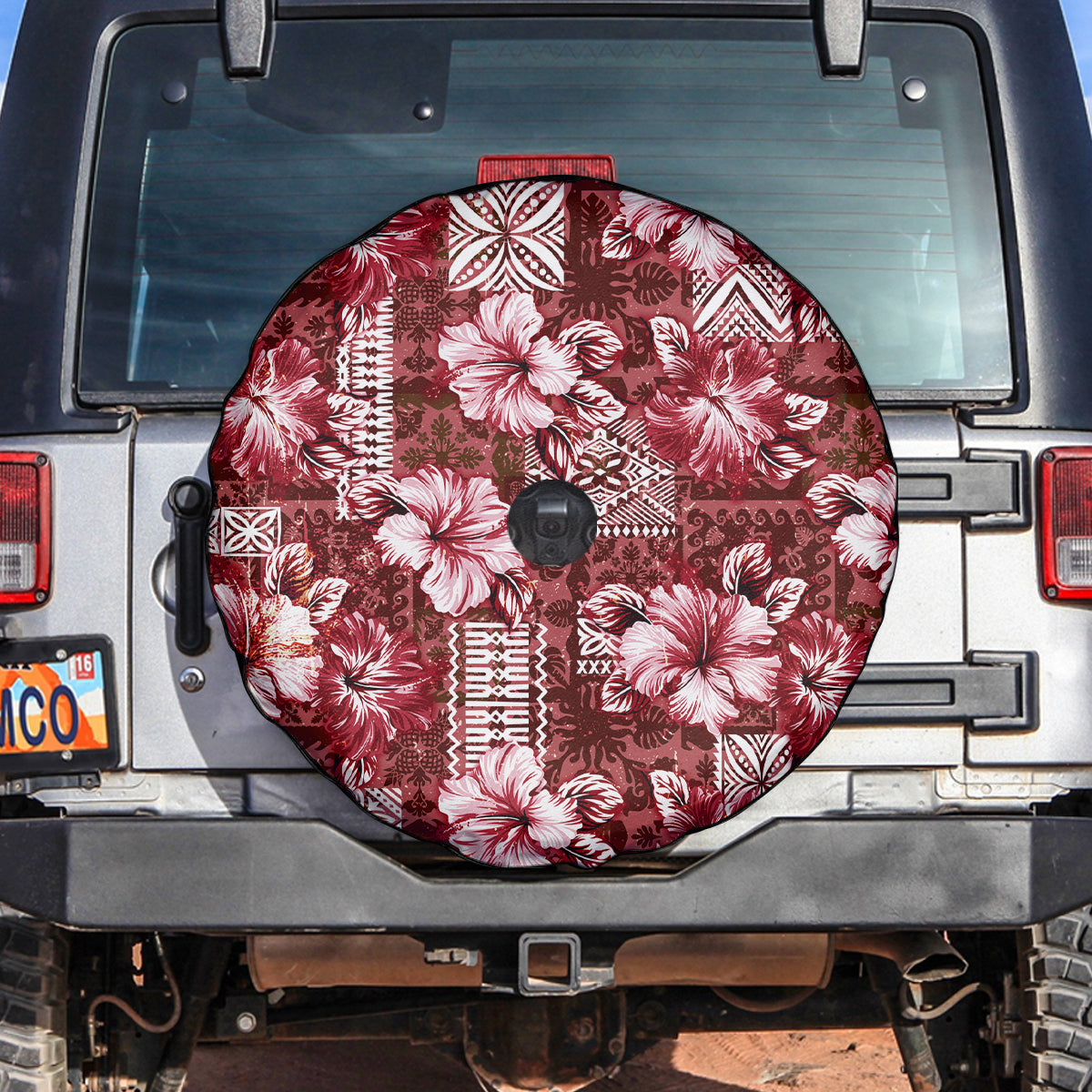 Hawaiian Quilt Pattern Spare Tire Cover Hibiscus and Tribal Element Vintage Red Vibe LT03 Red - Polynesian Pride