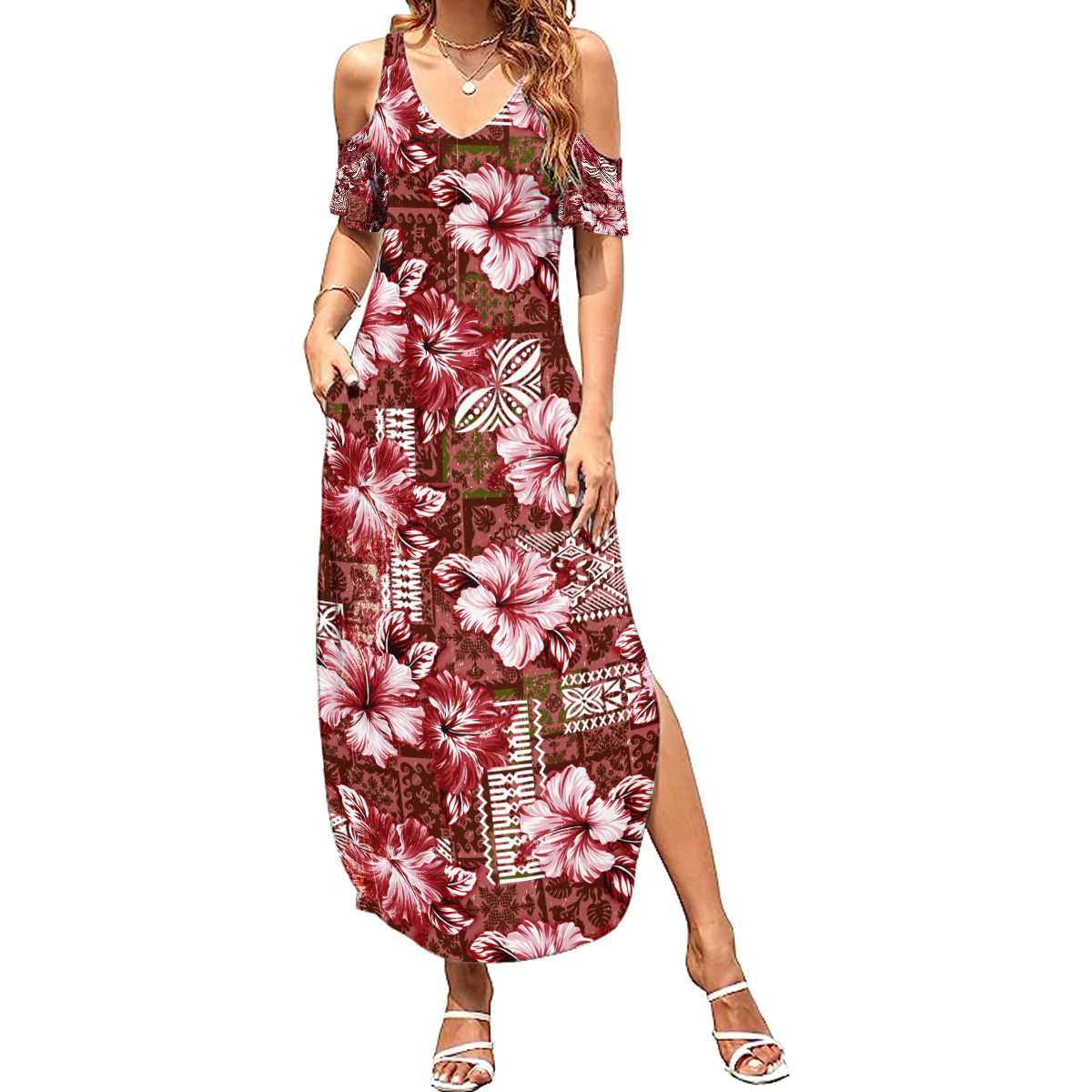 Hawaiian Quilt Pattern Summer Maxi Dress Hibiscus and Tribal Element Vintage Red Vibe LT03 Women Red - Polynesian Pride