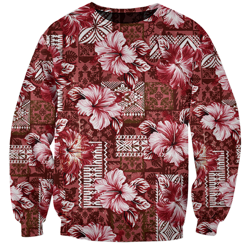 Hawaiian Quilt Pattern Sweatshirt Hibiscus and Tribal Element Vintage Red Vibe LT03 Unisex Red - Polynesian Pride