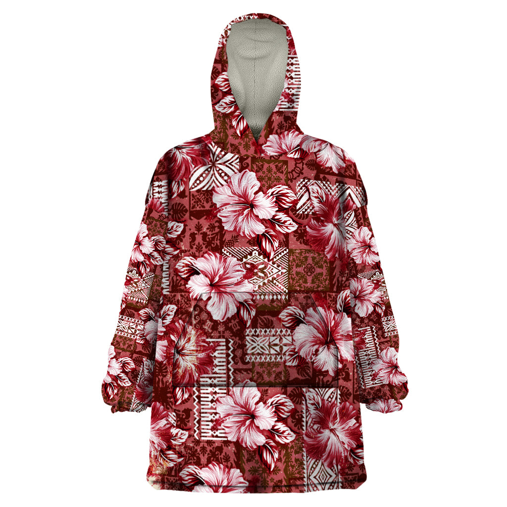 Hawaiian Quilt Pattern Wearable Blanket Hoodie Hibiscus and Tribal Element Vintage Red Vibe LT03 One Size Red - Polynesian Pride