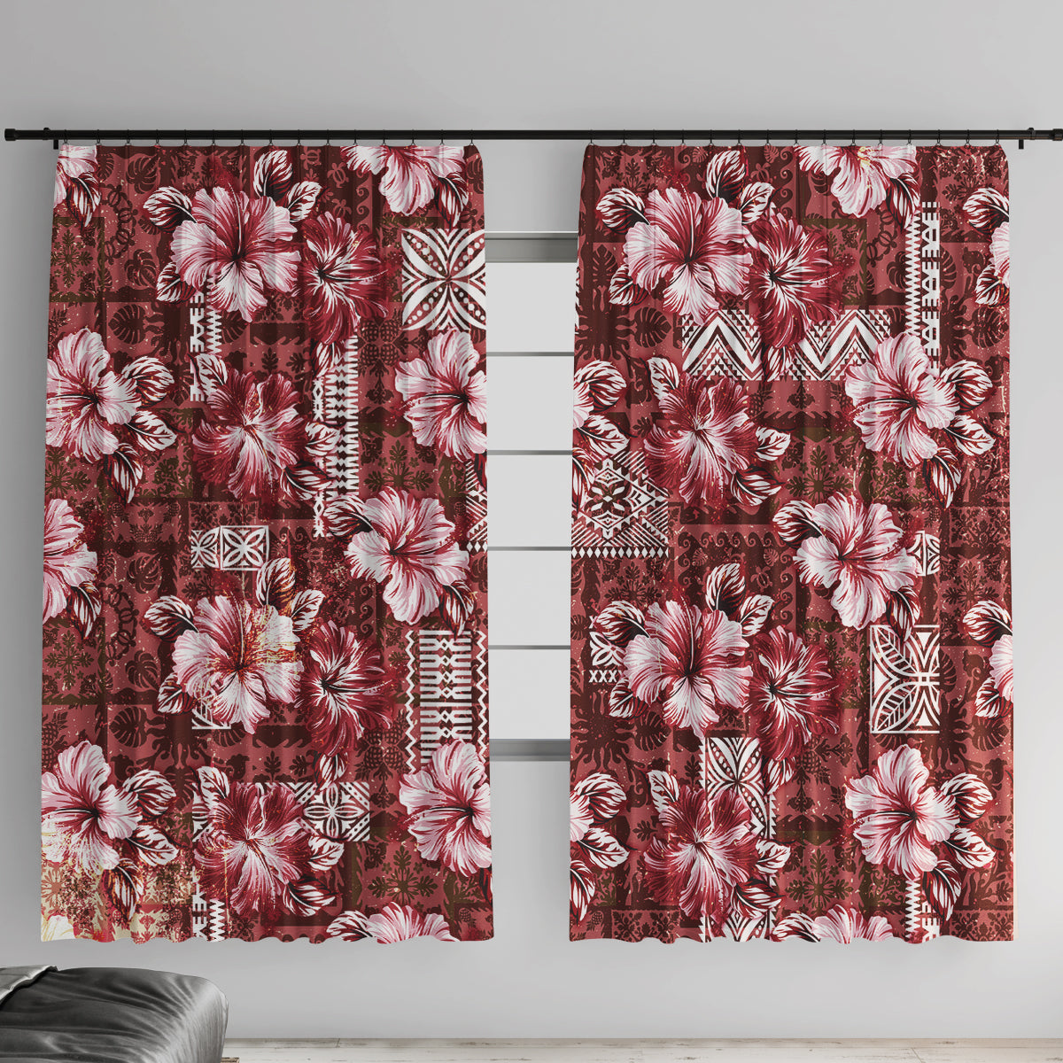 Hawaiian Quilt Pattern Window Curtain Hibiscus and Tribal Element Vintage Red Vibe LT03 With Hooks Red - Polynesian Pride