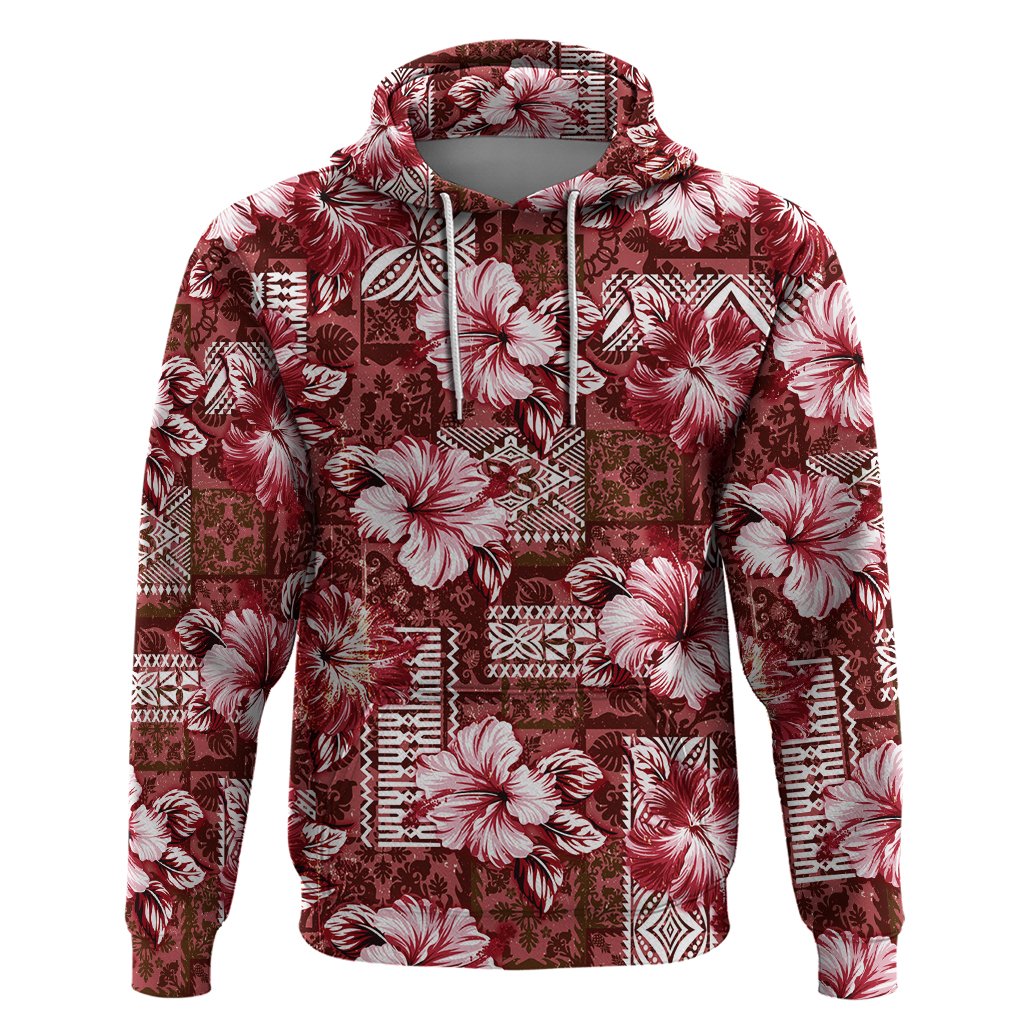 Hawaiian Quilt Pattern Zip Hoodie Hibiscus and Tribal Element Vintage Red Vibe LT03 Pullover Hoodie Red - Polynesian Pride