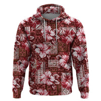 Hawaiian Quilt Pattern Zip Hoodie Hibiscus and Tribal Element Vintage Red Vibe LT03 Pullover Hoodie Red - Polynesian Pride