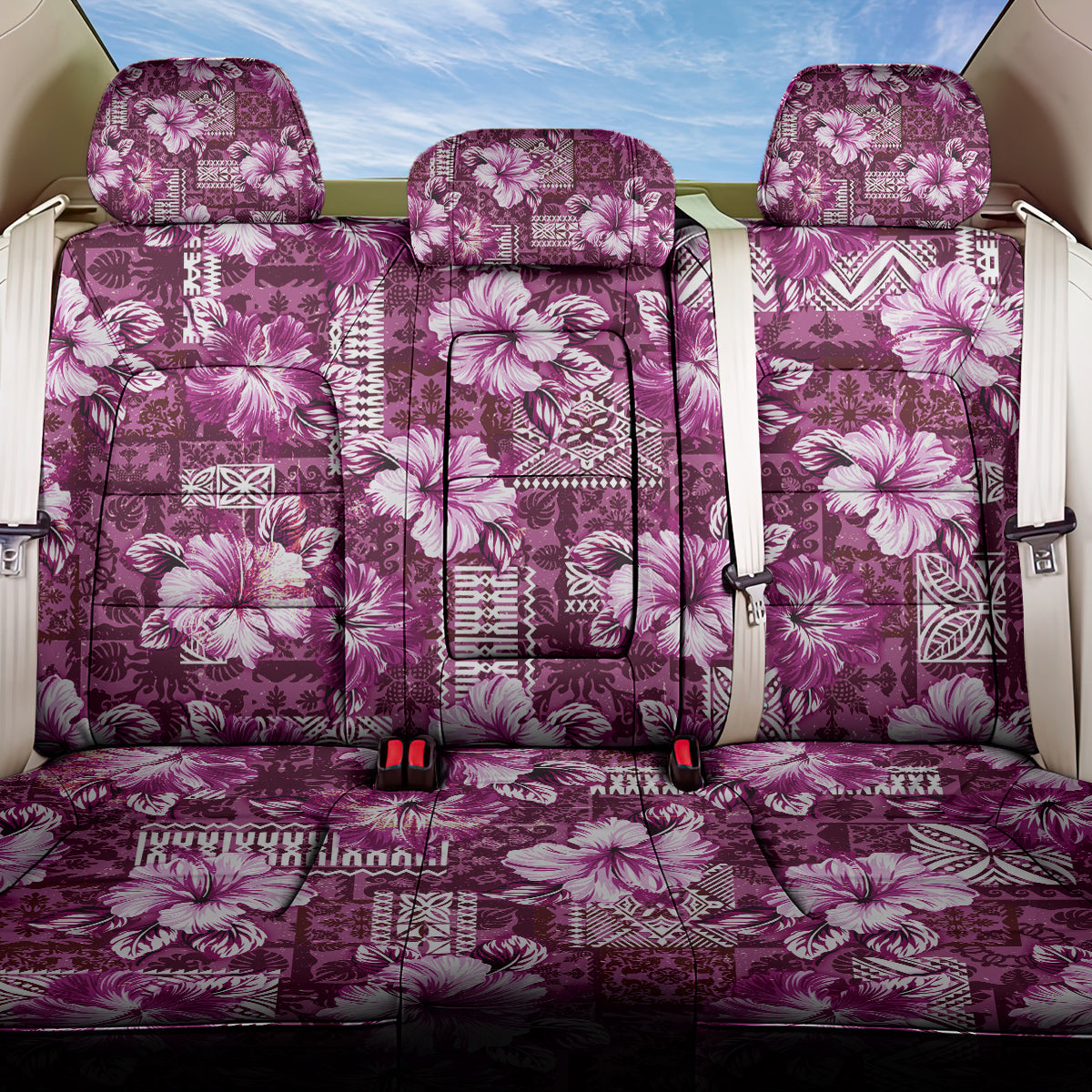 Hawaiian Quilt Pattern Back Car Seat Cover Hibiscus and Tribal Element Vintage Pink Vibe LT03 One Size Pink - Polynesian Pride