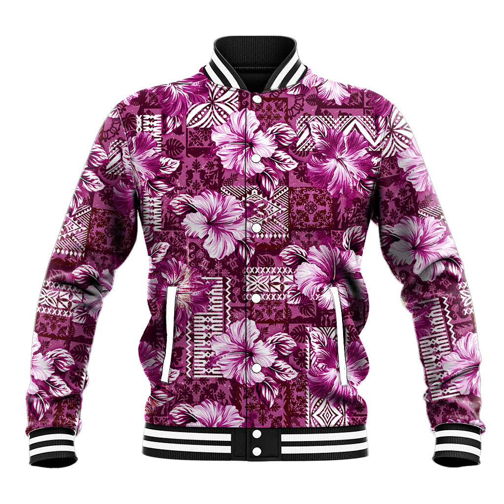 Hawaiian Quilt Pattern Baseball Jacket Hibiscus and Tribal Element Vintage Pink Vibe LT03 Unisex Pink - Polynesian Pride