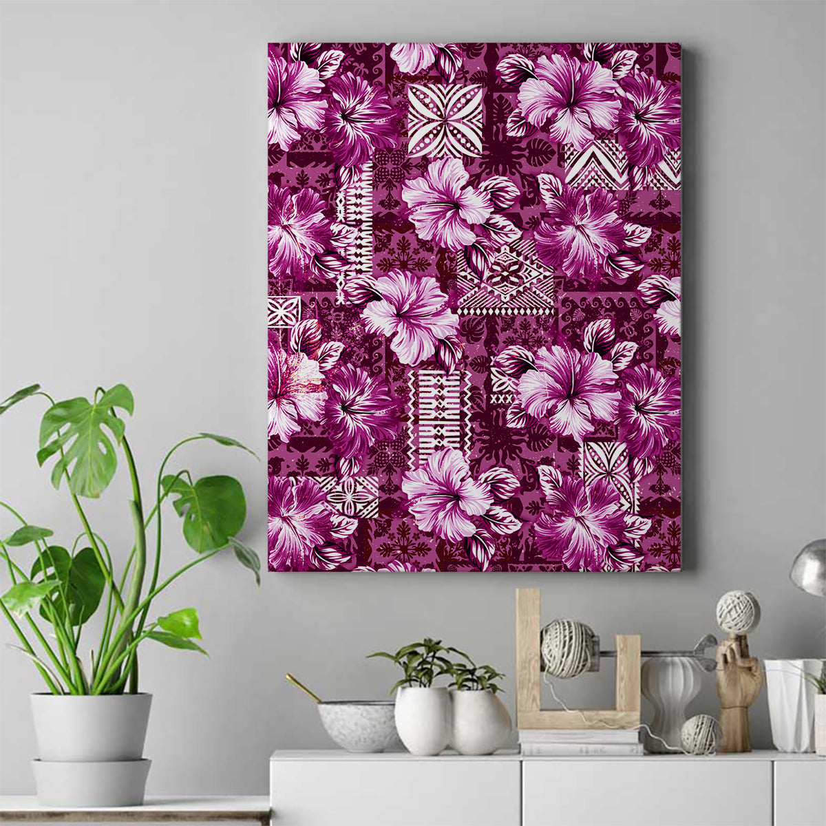 Hawaiian Quilt Pattern Canvas Wall Art Hibiscus and Tribal Element Vintage Pink Vibe LT03 Pink - Polynesian Pride