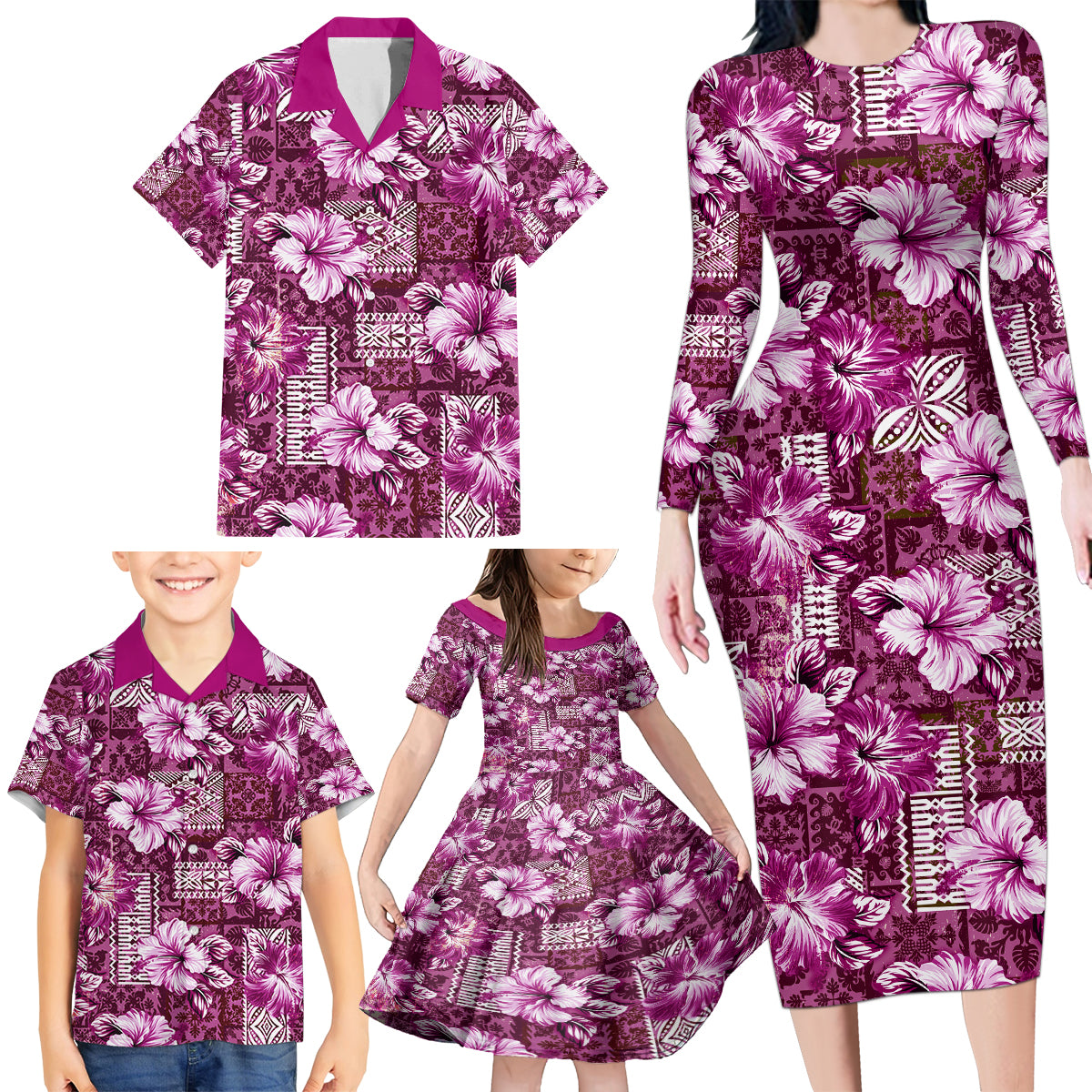 Hawaiian Quilt Pattern Family Matching Long Sleeve Bodycon Dress and Hawaiian Shirt Hibiscus and Tribal Element Vintage Pink Vibe LT03 - Polynesian Pride