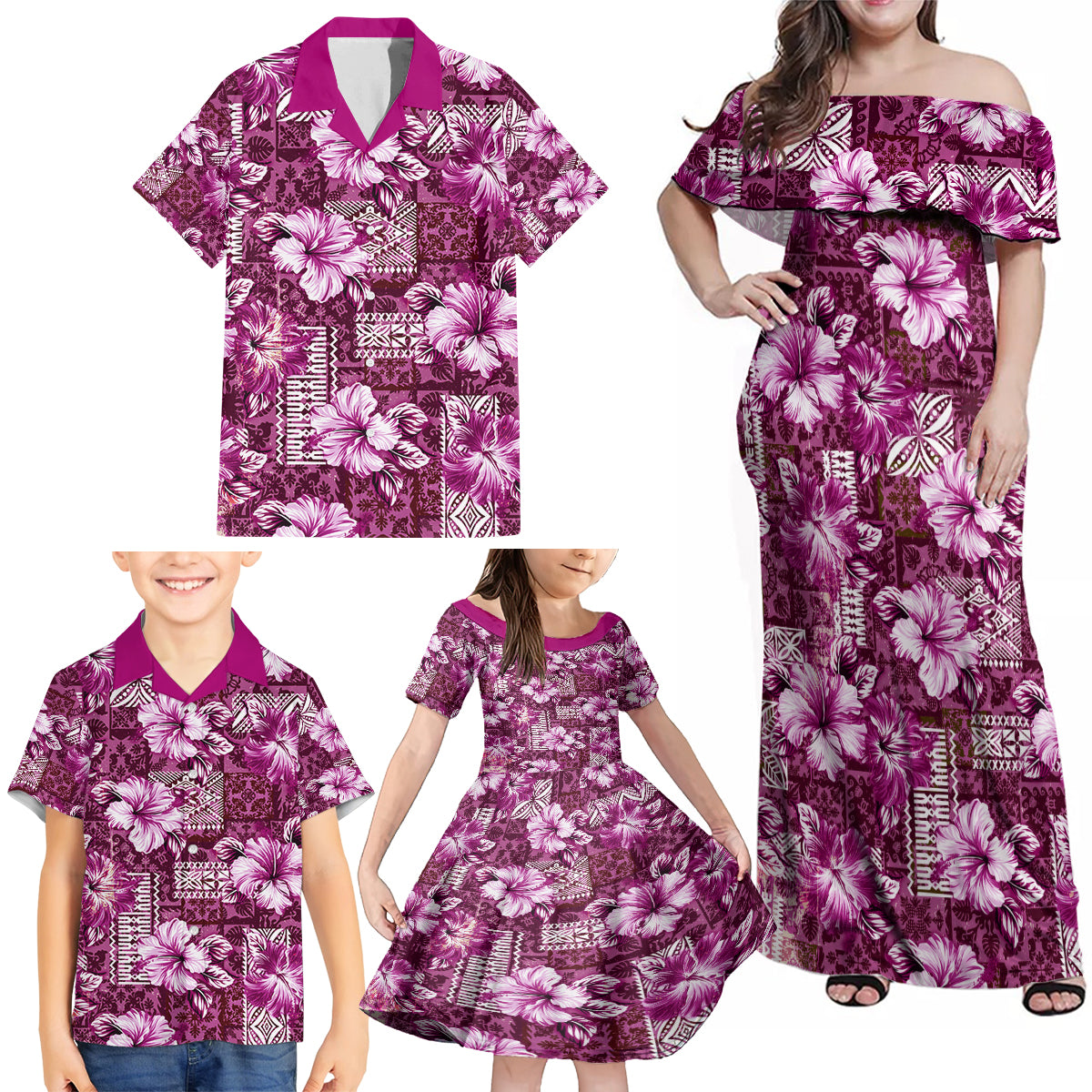 Hawaiian Quilt Pattern Family Matching Off Shoulder Maxi Dress and Hawaiian Shirt Hibiscus and Tribal Element Vintage Pink Vibe LT03 - Polynesian Pride