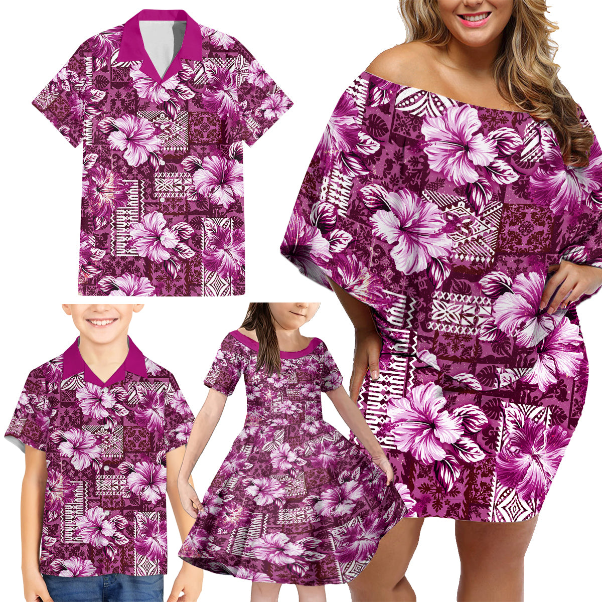 Hawaiian Quilt Pattern Family Matching Off Shoulder Short Dress and Hawaiian Shirt Hibiscus and Tribal Element Vintage Pink Vibe LT03 - Polynesian Pride