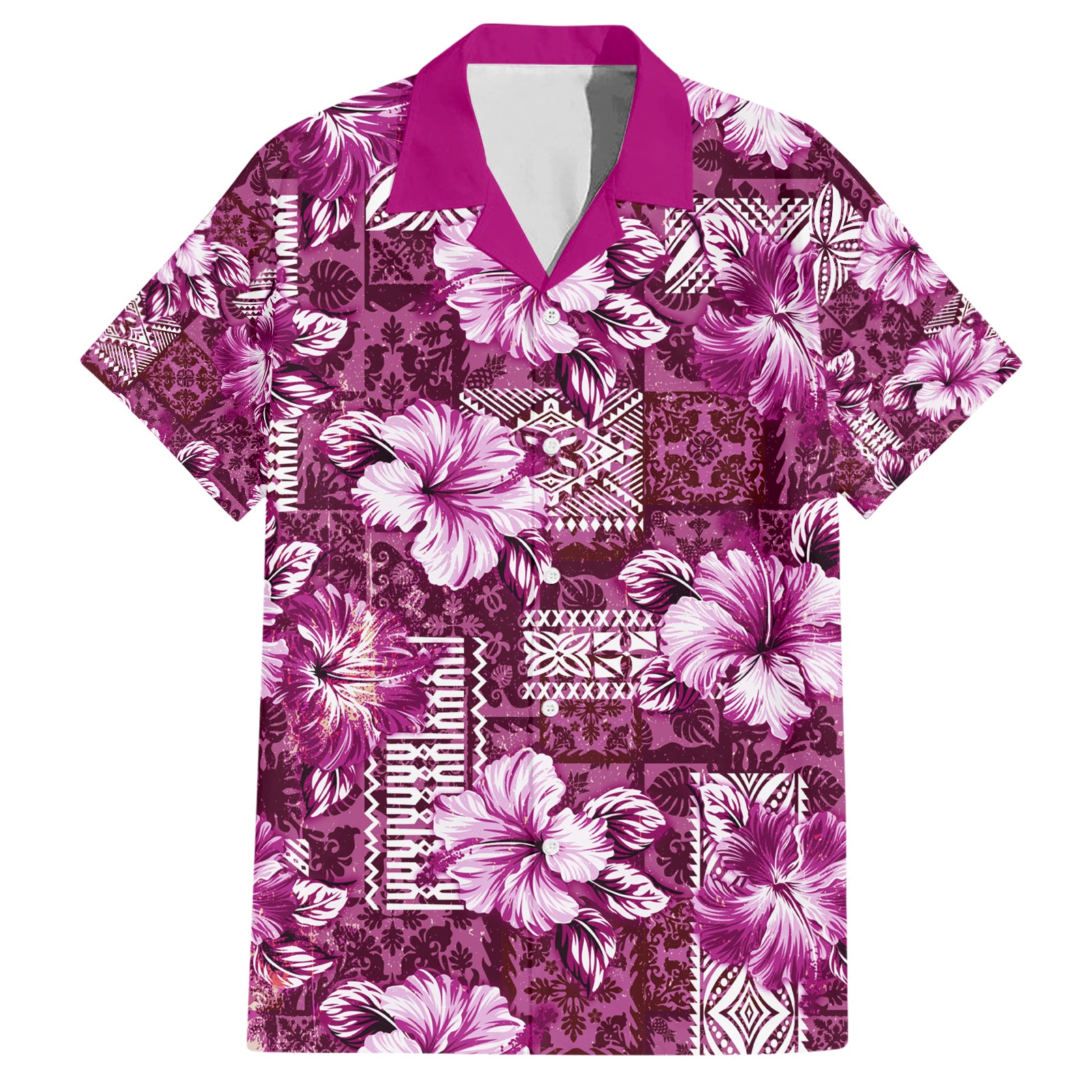 Hawaiian Quilt Pattern Hawaiian Shirt Hibiscus and Tribal Element Vintage Pink Vibe LT03 Pink - Polynesian Pride