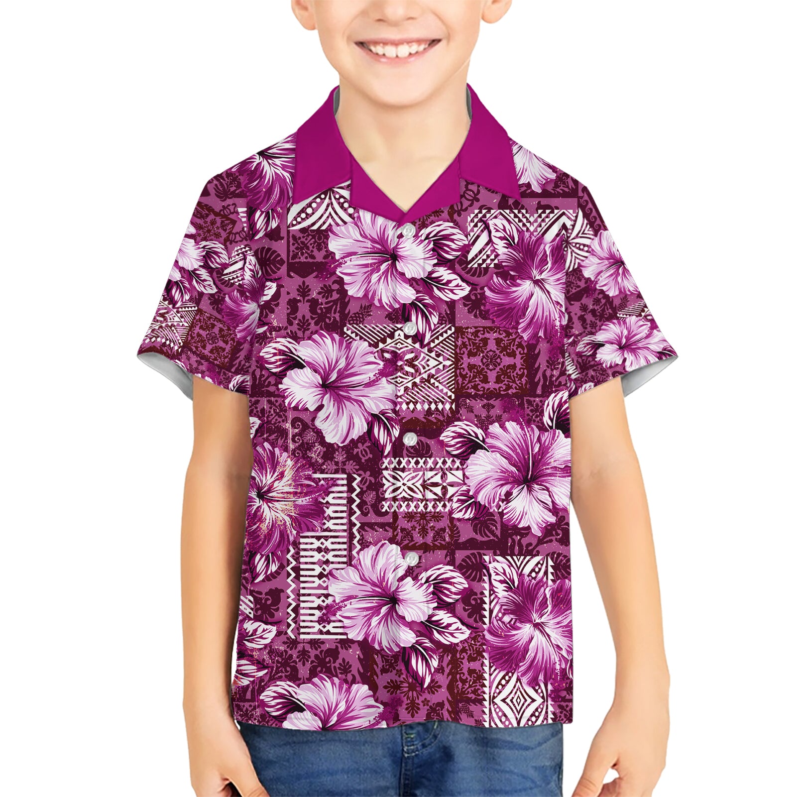 Hawaiian Quilt Pattern Kid Hawaiian Shirt Hibiscus and Tribal Element Vintage Pink Vibe LT03 Kid Pink - Polynesian Pride