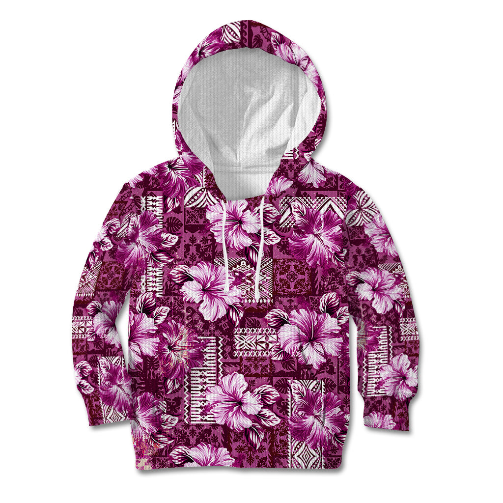 Hawaiian Quilt Pattern Kid Hoodie Hibiscus and Tribal Element Vintage Pink Vibe LT03 Hoodie Pink - Polynesian Pride