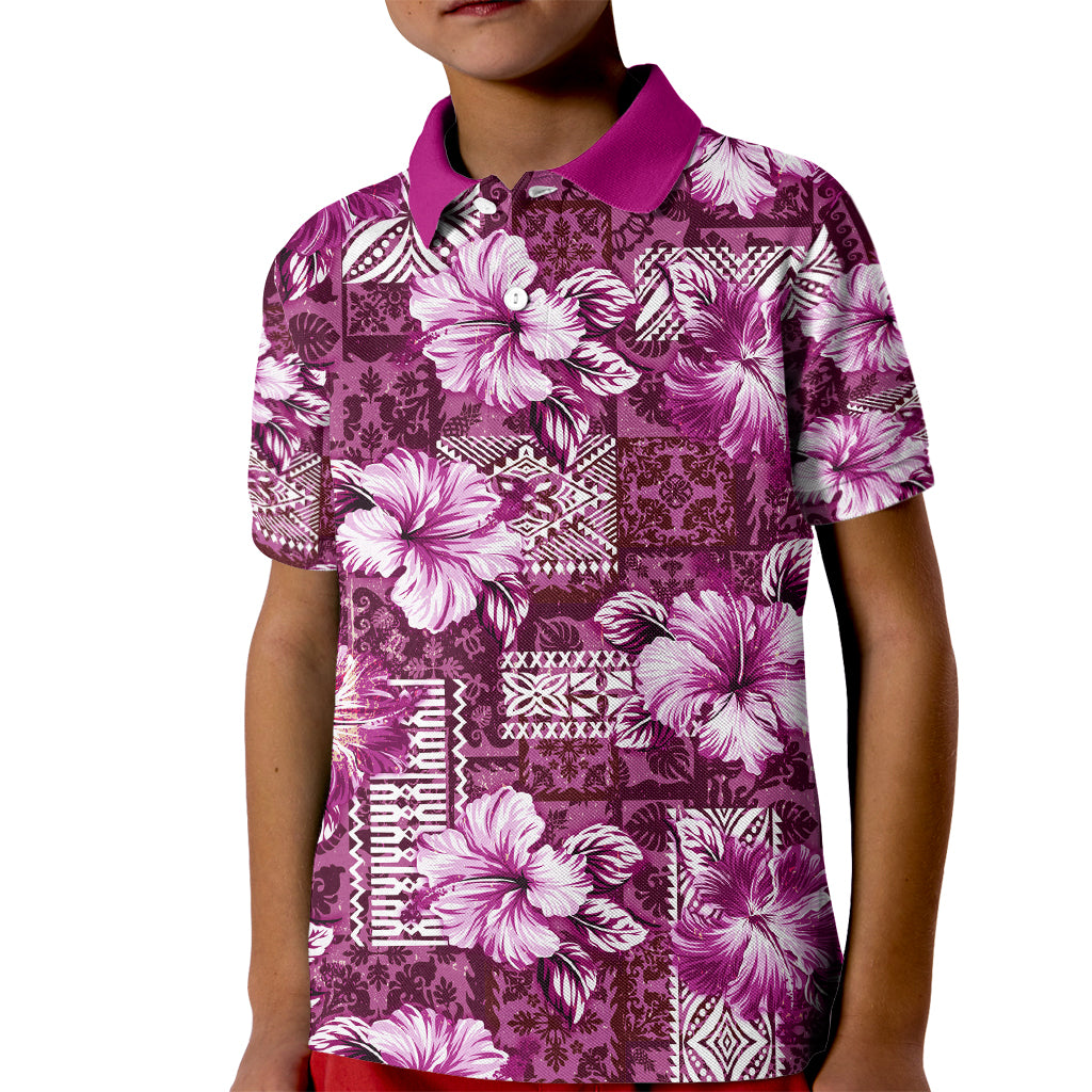 Hawaiian Quilt Pattern Kid Polo Shirt Hibiscus and Tribal Element Vintage Pink Vibe LT03 Kid Pink - Polynesian Pride