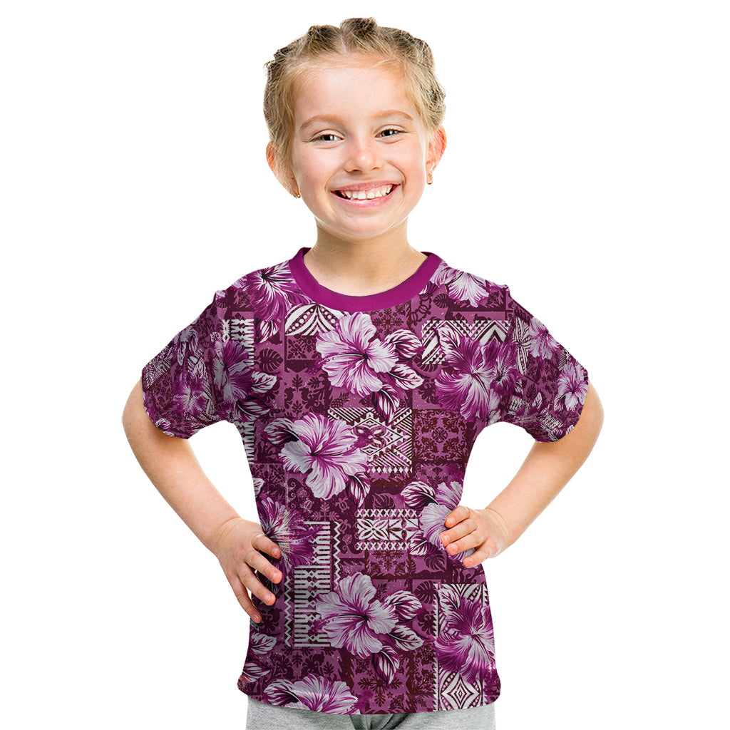 Hawaiian Quilt Pattern Kid T Shirt Hibiscus and Tribal Element Vintage Pink Vibe LT03 Pink - Polynesian Pride